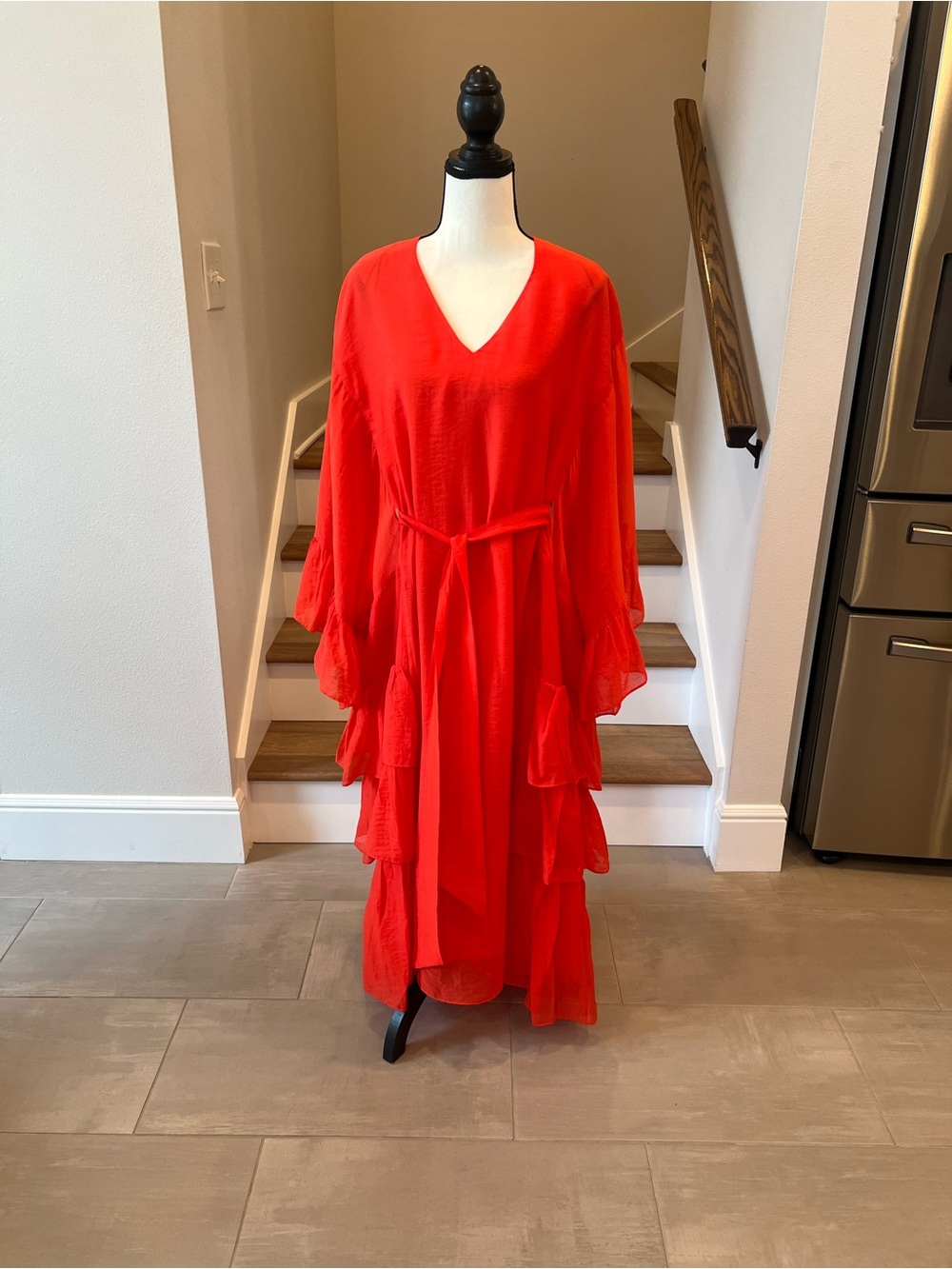 H&M Bright Coral V-Neck kaftan Tiered Maxi Dress